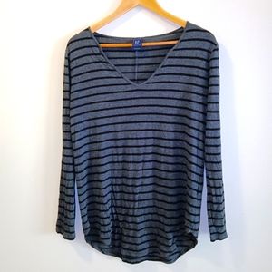 🔴 Gap Gray Black Stripe Long Sleeve Tee Shirt Tunic Sz L Rayon